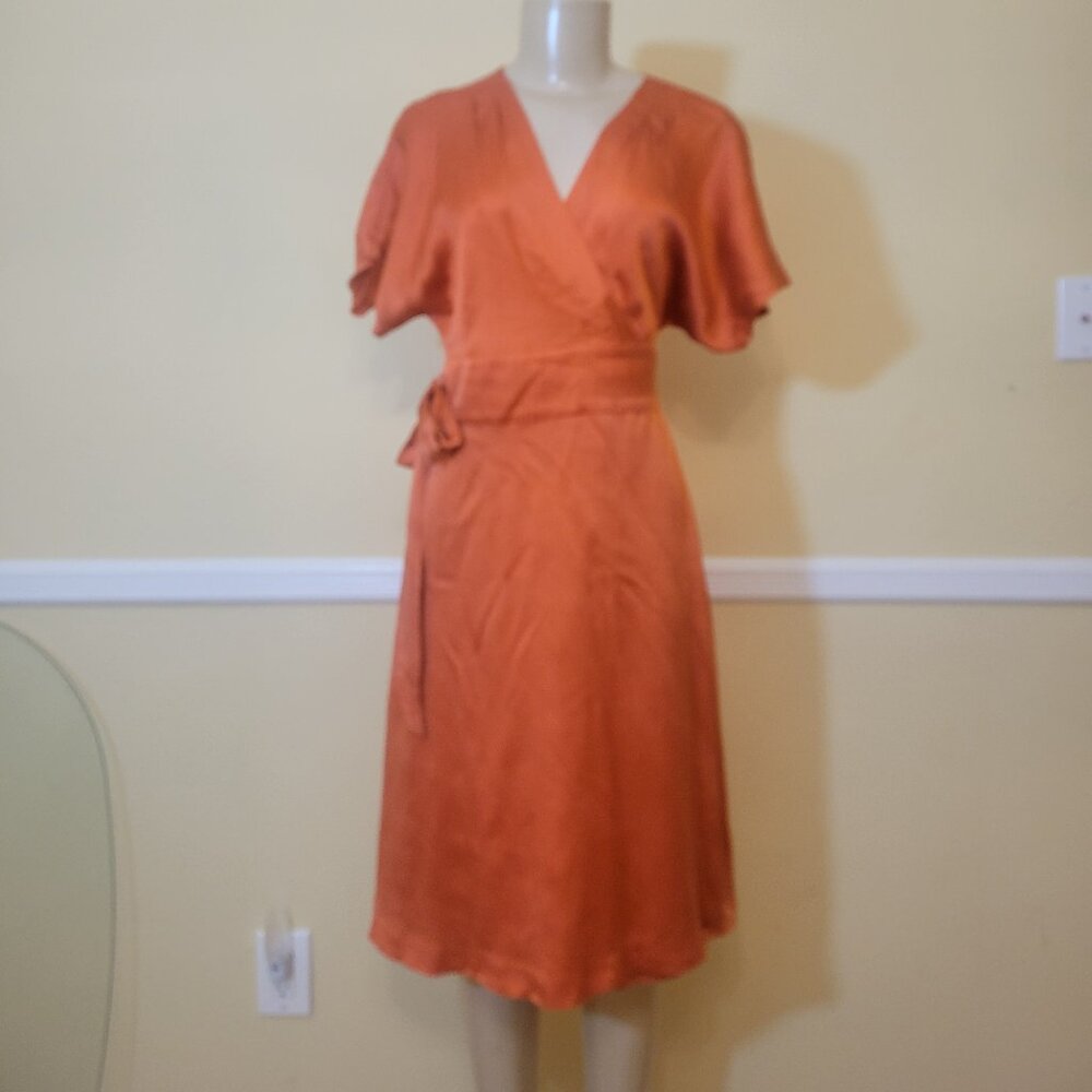 BANANA REPUBLIC 100% ORANGE SILK DEEP V-NECK SHORT SLEEVE WRAP DRESS